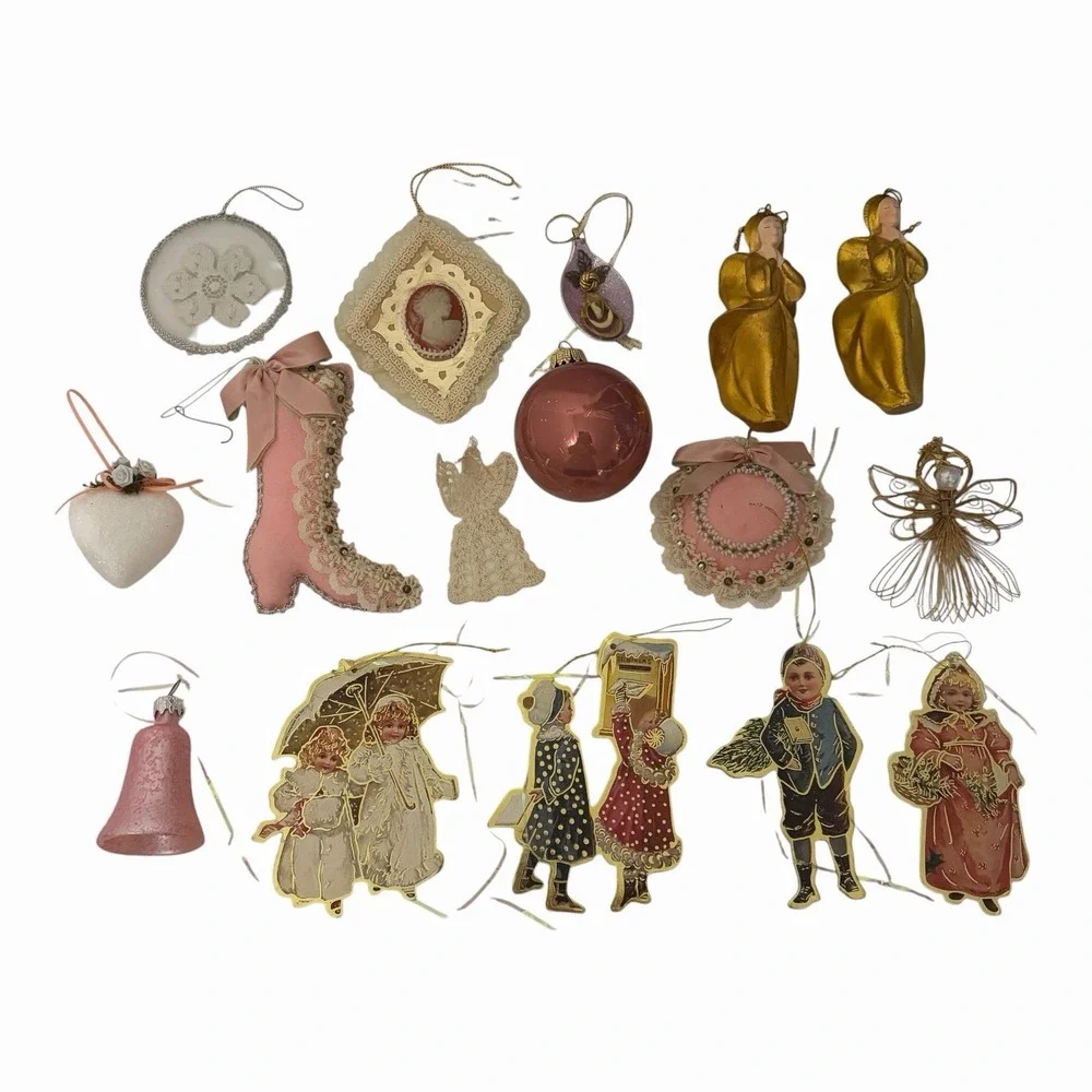 Lot Of 16 Victorian Cottage Christmas Ornaments Chic Shabby Pink core Gold